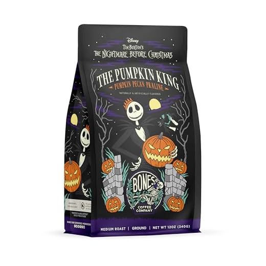 Bones Coffee Company Pumpkin King Flavored Ground Coffee Beans Pumpkin Pecan Praline | 12 oz Arabica Low Acid Coffee | Gourmet Coffee From Disney Tim Burton's The Nightmare Before Christmas (Ground)