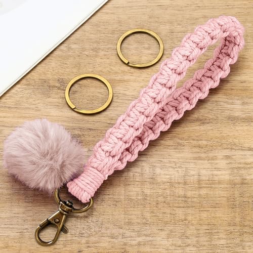 Keychain-Wristlet-Woven-Handmade-Wrist-Lanyard-for-Keys-Wrist-Key-Chains-with-2-Keyrings-for-Women-Car-Keys-ID-Badges-Card-Wallet-Phone-Pink