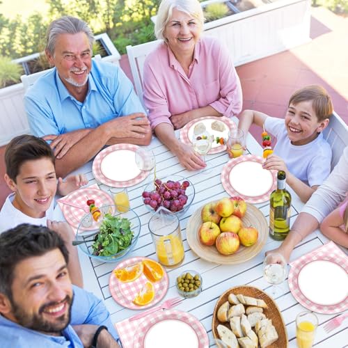 Image of 200 PCS Pink Checkered Tableware Disposable Pink And White Checkered Party Supplies Dinnerware Set Plaid Plates Outdoor Supplies Girls Barbecue Picnic Birthday Party Decoration Serve 50 guest