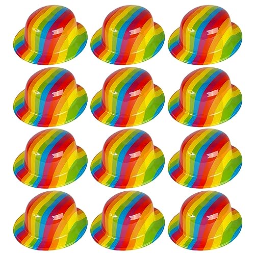 Rainbow Pride Bowler Hats, Pack of 12, Plastic Bowler Hats with Rainbow Print