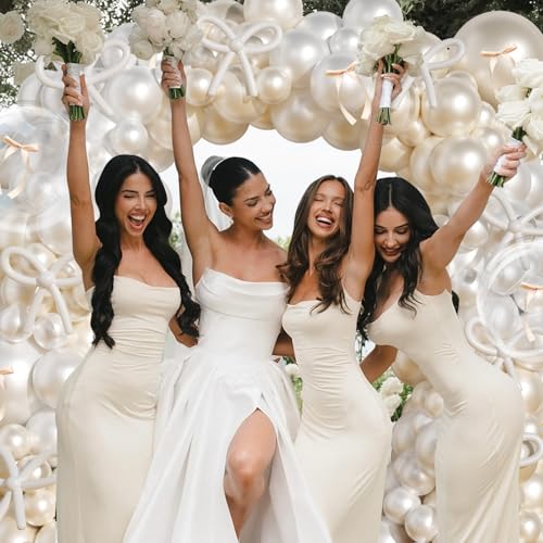 Image of Pearl White Balloon Arch Kit,JOGAMS 178Pcs Bow Balloon Arch Kit with 260 Clear Balloons Beige Ribbon Bow for Coquette Bow Theme Birthday Wedding Baby Shower Bachelorette Bridal Shower
