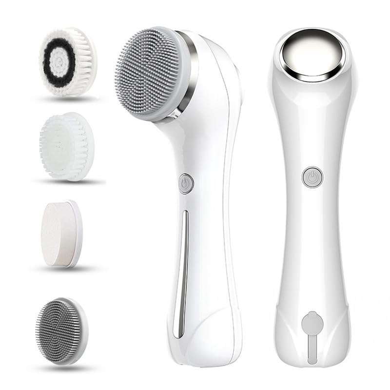 Cepillo Eléctrico de Limpieza Facial, 3 en 1 Limpiador Facial Electrico con 4 cabezales, limpiadores Masajeador Facial EMS y Calefacción, Para Limpieza Profunda, EliminacióN de Acné y Puntos Negros