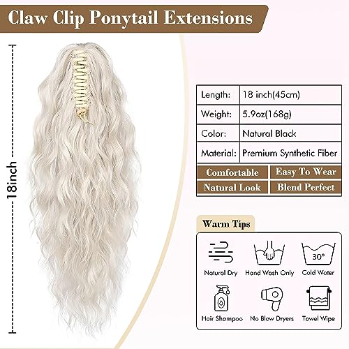 PORSMEER Claw Clip in Ponytail Hair Extensions 18 inches Long Curly Platinum Blonde Ponytail Multi Layered Natural Fluffy Wave Synthetic Hairpiece for Womens Girls Everyday Wear - Image 3
