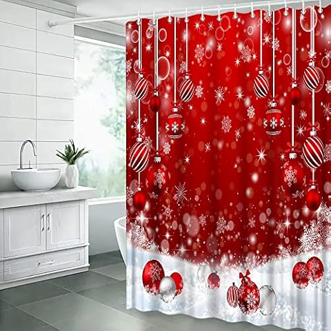 Merry Christmas Shower Curtain Red Xmas Ball White Snowflake Dreamy Ball Winter Holiday Happy New Year Bath Fabric Curtain Sets with Hooks,Red Cover