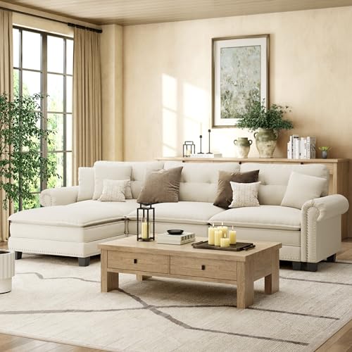 HERA'S HOUSE 116.1' Classic Mid-Century Modern Couch, Oversized L Shaped Pet Friendly Couch for Living Room, Comfy Cloud Sofa with Ottoman, 4-Seater Deep Seat, Chenille Beige