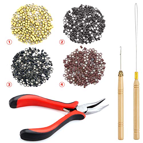 Nexxxi Hair Extension Kit Plier Hook Pulling Needle Hook Bead Device Tool Kits with 800 Pieces Silicone Lined Micro Rings(4 Common Colours)