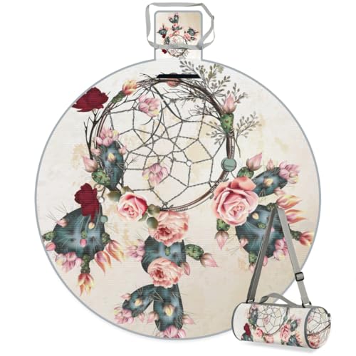 Shimoshe Cactus Flower Dreamcatcher Picnic Outdoor Blanket Foldable Waterproof Sandproof Beach Blanket Portable Water-Resistant Round Picnic Mat for Travel Camping Park Lawn
