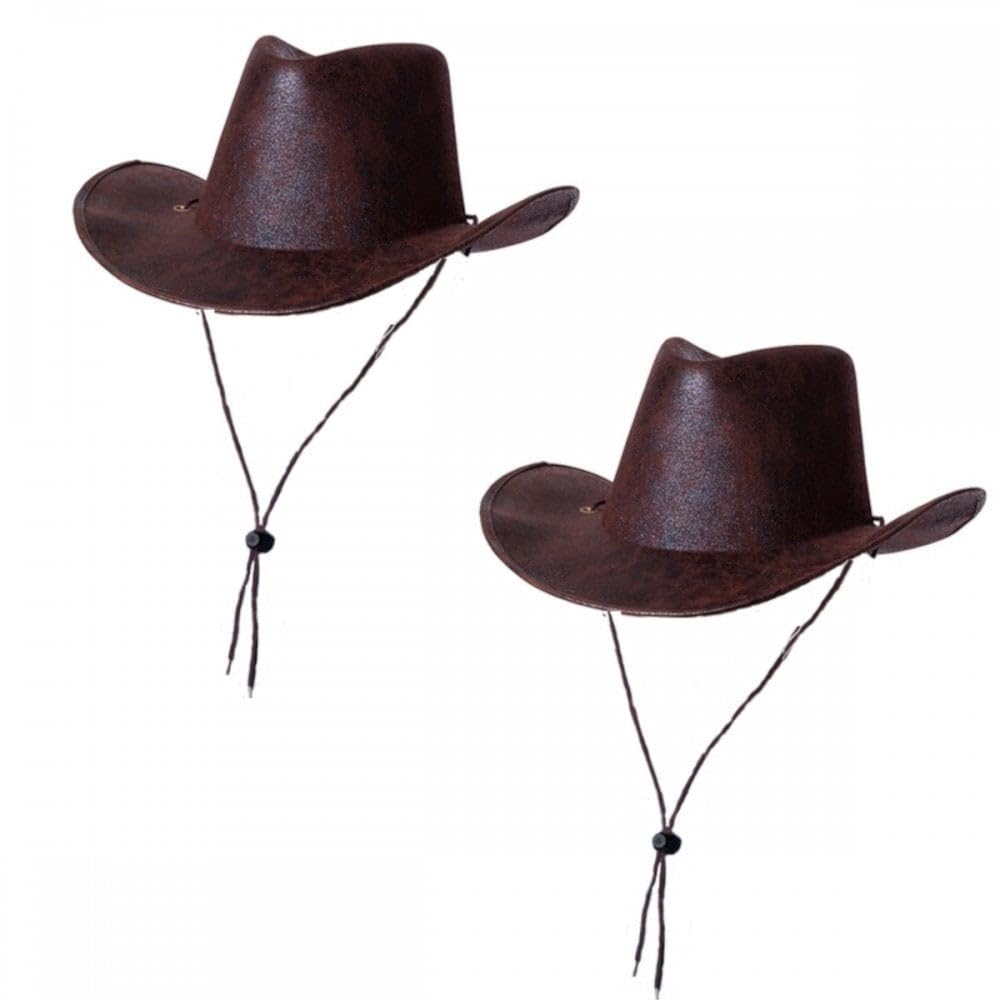 Titch & Timbo Adult Texan Cowboy Hat 2 Pack (Multiple Options) : Fancy Dress Party Accessory Country Western Rancher Wild West Music Festival (Aged Faux Leather, Brown,Brown)