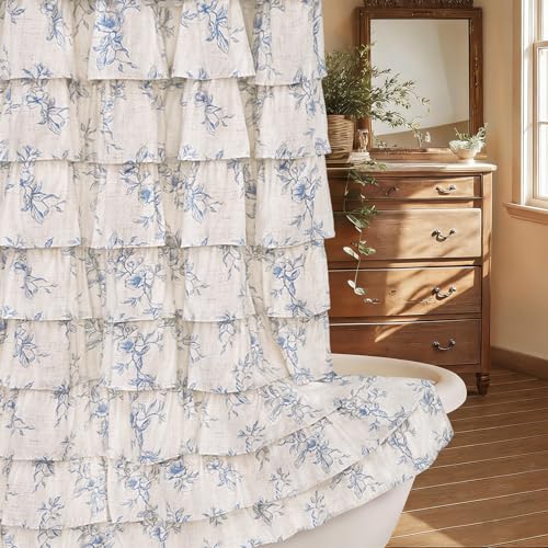 Yinhua Farmhouse Floral Shower Curtain, Blue Ruffle Shower Curtains for Bathroom, French Country Bath Curtain Waterproof Washable, 72 Wx72 L