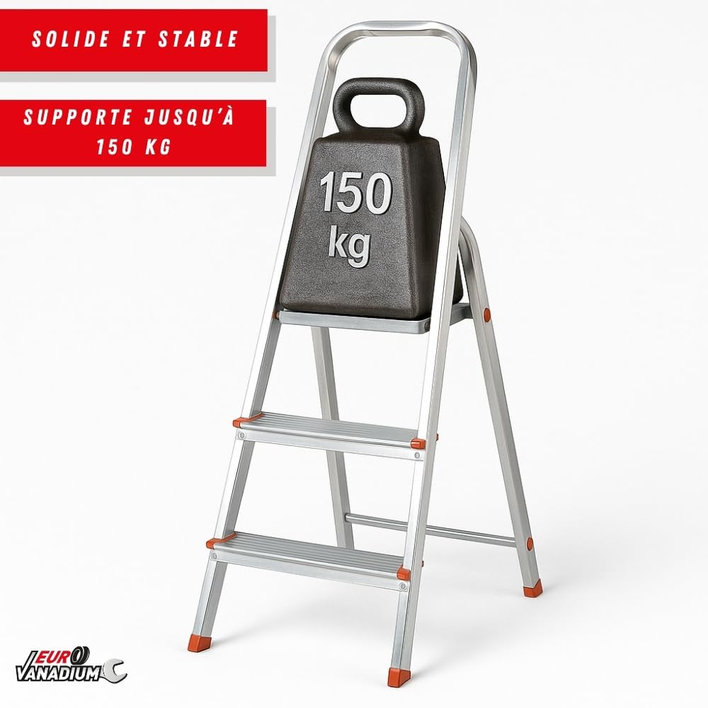 Escabeau 3 Marches, Pliable en Aluminium - Marche Pied Pliable, Léger 3,3 kg et Robuste, Charge 150 kg - Plateforme de Travail Antidérapante et Large, 3ème Hauteur à 58 cm