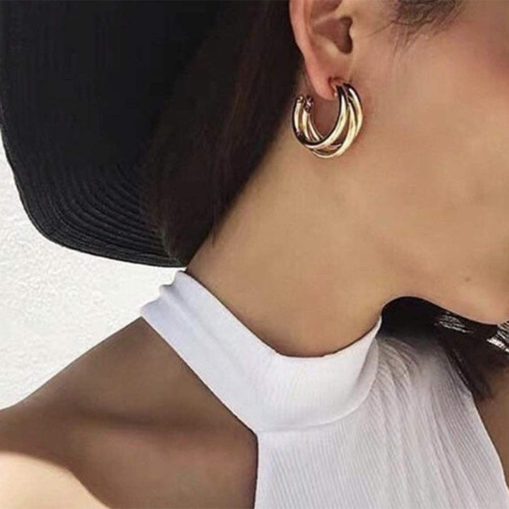 RELOVETTriple Hoop Earrings Chunky Tube Gold Silver Earrings Minimal Statement Fashion for Women (silver)
