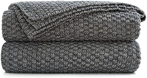 Longhui bedding Grey Knitted Throw Blanket for Couch, Soft, Cozy Machine Washable 100% Cotton Sofa Knit Blankets, Heavy 3.0lb Weight, 50 x 63 Inches, Gray and White Color,Laundry Bag Included
