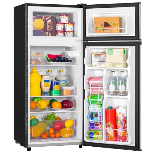 4.4 Cu.Ft Mini Fridge with Freezer, Small Fridge with 2 Doors for Office, Kitchen, Dorm and Bedroom, Mini Refrigerator with Adjustable Shelves (Silver)