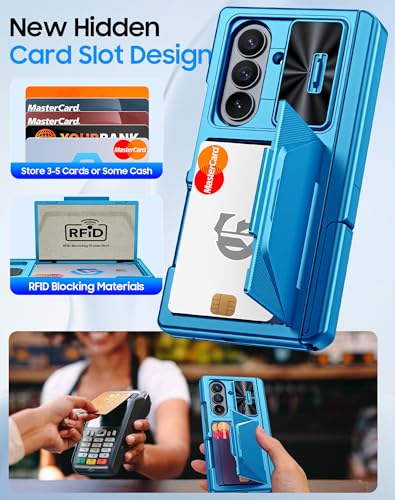 Image of for Samsung Galaxy Z Fold 7 Case with Card Holder RFID Blocking, Built in Slide Lens Cover & Hinge Protection & Kickstand & Screen Protector, Shockproof Wallet Case for Z Fold 7 (Lake Blue)