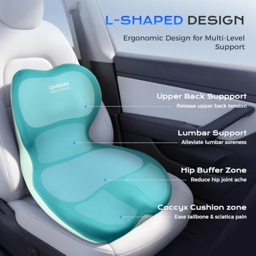 Image of Coverado Car Seat Cushion and Lumbar Support Pillow One Piece, Memory Foam Ergonomic Back Support Driving Seat Cushion for Back Pain, Non-Slip Washable Cushion for Car, Driver, Office