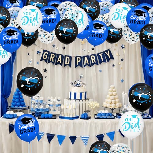 Image of Graduation Decorations 2026 - Graduation Balloons 62pcs 12 Inch Blue Black White Grad Print Latex Confetti Balloons for College High School Class of 2026 Congrats Grad Party Decor Supplies (Ribbon)