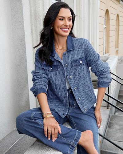 luvamia Jean Jacket Women Trendy Texture Distressed Button Down Long Sleeves Casual Trucker Denim Jackets with Pockets2