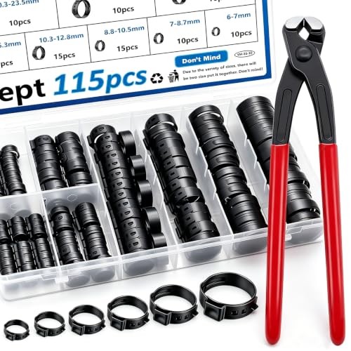 Image of 115Pcs 304 Stainless Steel Black Single Ear Hose Clamps with Ear clamp plier 6-28.6mm Crimp Hose Clamps Assortment Kit for Auto /Home Appliance /Pipe /Fuel Line Stepless hose clamp with pincer