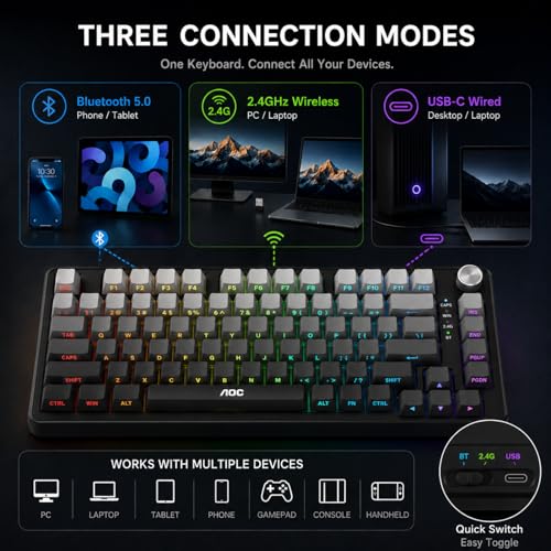 Image of AOC GK330 Gaming Keyboard, Hot Swappable Wireless Mechanical Keyboard Support BT /2.4GHz /USB-C, RGB Backlit, Pre-lubed Reaper Switches, Anti-ghosting, 75% Gasket Custom Keyboard with Five-Layer Padding