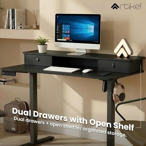 Image of ARTIKEL Valor Lite Electric Height Adjustable Standing Desk with Storage Drawers & Shelves| Sit-Stand Desk for Home Office |Ergonomic Workspace Table|120x60cm|Black