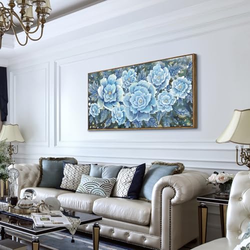 Large Blue Wall Art Decor Modern Framed Wall Picture for Living Room Bedroom Office Decor Floral Canvas Art Prints Botanical Wall Picture Abstract Peony Flower Horizontal Artwork Ready to Hang 48x24 — view 3