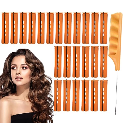 Hahhhha 24 Pieces Hair Perm Rods Cold Wave Rods,Perm Rods Set Medium Size Cold Wave Rods with Steel Pintail Comb Rat Tail Comb, Curly Rods Tools for DIY(orange)
