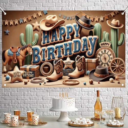 Image of Western Cowboy Happy Birthday Banner Backdrop Rustic Wild West House Barn Photo Banner Party Decorations Boots Hat Cactus Horse Rope Photo Background Props 71 x 43 inch