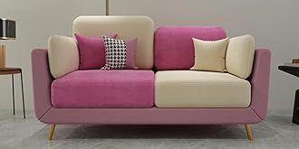 Velvet Contemperory Sofa Couch with Cushion Chaise Lounge Sectional Perfect for Living Room & Bedroom Guests Home & Office (2 Seater Pink & Beige)