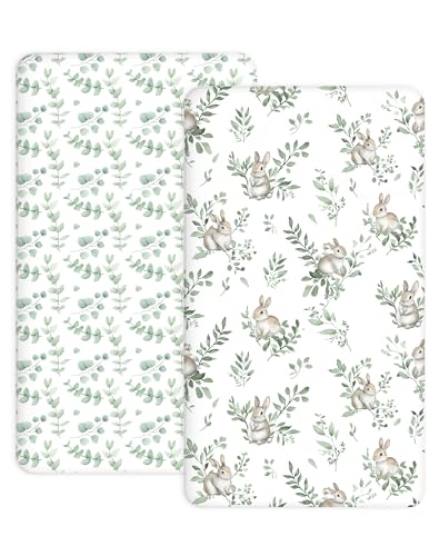 Image of Pack and Play Sheets 2 Pack, Fitted Jersey Knit Mini Crib Sheets for Baby Boys and Girls, Compatible with Graco Pack N Play and Mini Crib Mattress (Bunny Meadow, Pack N Play/Mini Crib Sheets)