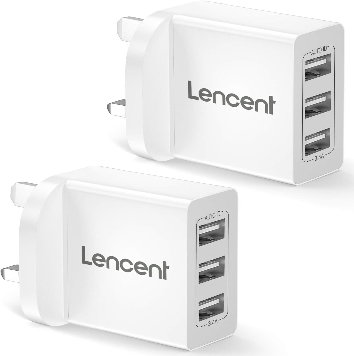 LENCENT USB Plug Charger [2 pack], 3-Port 3.4A USB Wall Charger Cube Portable UK Mains Power Adapter Plug with Smart IC Technology for Smartphones Tablets Powerbank