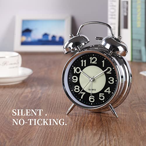 Analog Loud Alarm Clock With Backlight,Battery Operated,Silent Non Ticking,For Heavy Sleepers,Bedrooms,Bedside Table, 4Inches Twin Bell Extra Retro Decorative Desk Clocks. (Black(Noctilucent)) #TOP3