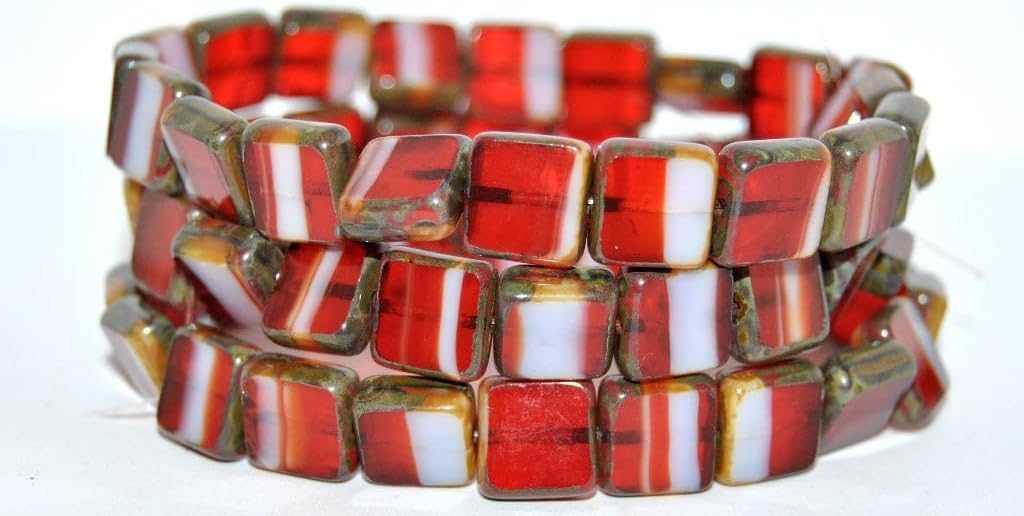 60 pcs Table Cut Square Beads, Mixed Colors Orange Luster Red Full Coated (MIX-ORANGE-14495), 11 mm, Glass, Czech Republic