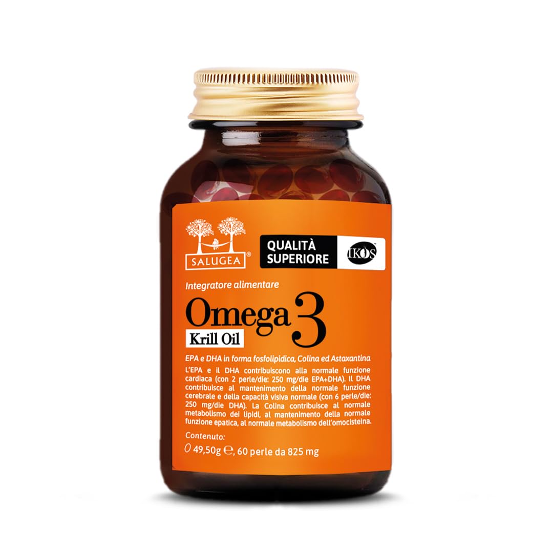 OMEGA 3 KRILL OIL Salugea Certificato IKOS - 100% naturale da puro olio di Krill Antartico con Colina e Astaxantina - EPA e DHA altamente assimilabili - 60 Perle - Flacone in vetro scuro farmaceutico