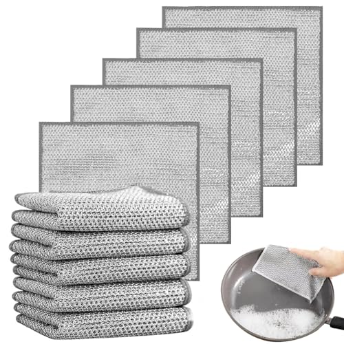AWAVM 10 trapos de alambre multiusos antiarañazos para lavar platos, lana de alambre, trapos multiusos para lavar platos en húmedo y seco, paño de limpieza de microfibra reutilizable (monocapa) (10)
