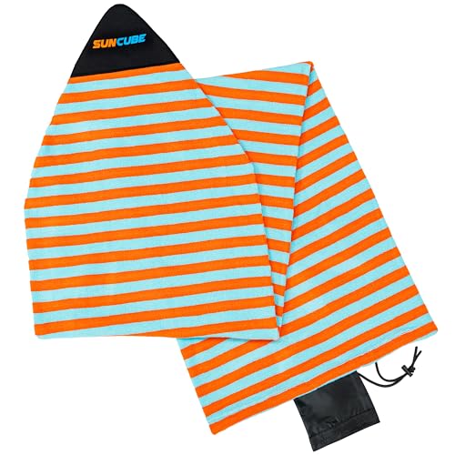 SUN CUBE Surfboard Sock Cover Prevents Wax in Car Stretchy Protective Surf Bag for Shortboard Fish Funboard Longboard Reinforced Nose Drawstring Machine Washable (60 Sunset Orange)