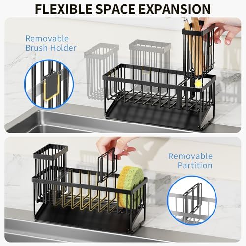 Cisily Sink Caddy Sponge Holder for Kitchen with Brush Holder and Stainless Steel Self Drain Tray, Rustproof Kitchen Sink Organizer for Sponge, Soap Dispenser Storage Accessories - 2