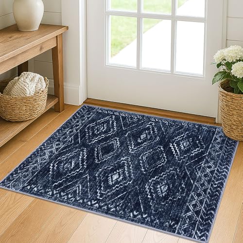 KILOCOCO Boho Entryway Rug 2x3 Printed Small Area Rug Indoor Door Mat Machine Washable Kitchen Rugs Super Soft Non Slip Throw Rugs for Bedroom Entrance Geometric Laundry Room, Dark Blue