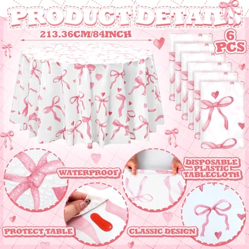 Image of Ganeen 6 Pcs Pink Bow Tablecloths 84 Inch Plastic Round Table Covers Waterproof Coquette Birthday Party Decorations Pink Bow Favors Table Covers for Women Bridal Baby Shower Bachelorette Party Decor