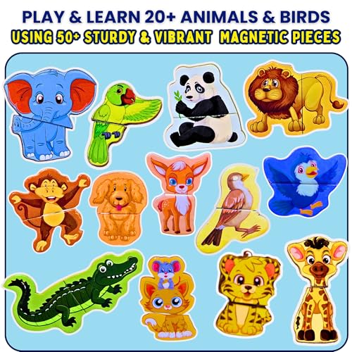 Image of Wooden Magnetic Wild Animal Puzzle for Kids | 50+ Pieces Strong Magnetic Jigsaw with Wooden Board | Educational Learning Toy for Boys-Girls (Multicolor, Ages 2-7 Years)