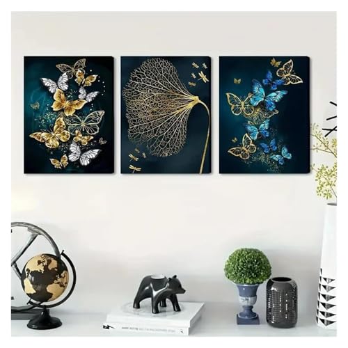 Tableau Déco Nature triptyque bleu doré avec feuille et papillon - 3