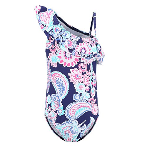 Big Girls One Piece Swimsuits One Shoulder Ruffle Swimwear Floral Bathing Suit Blue Size 10/8-10