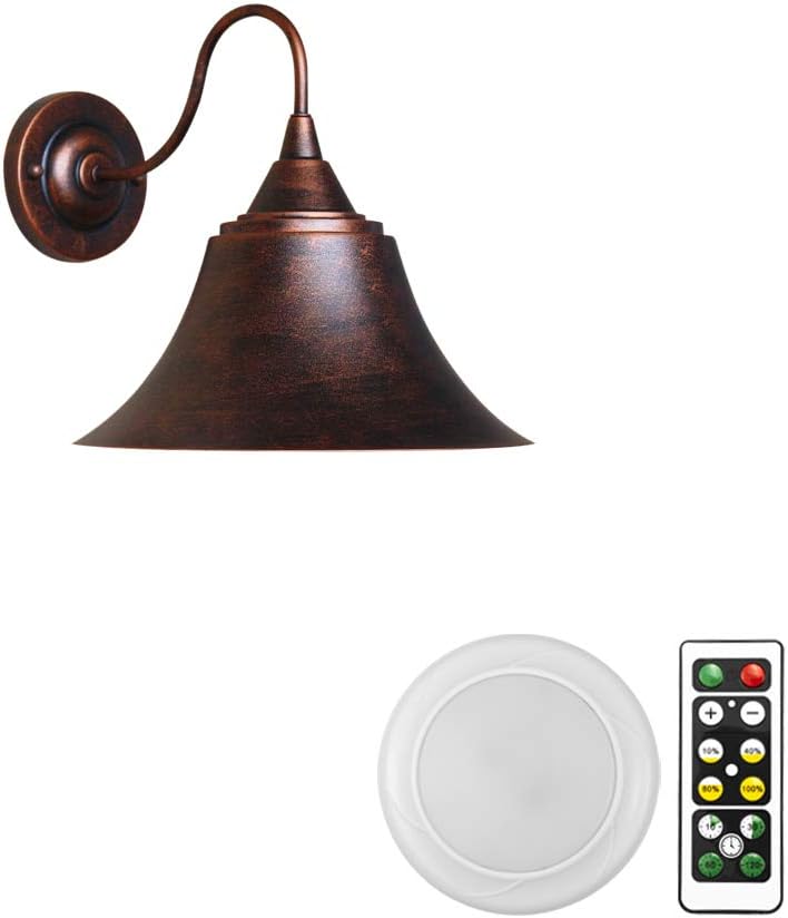 ANYE 1-Pack 55 Lumens Wireless Led Remote Control Battery Run Rust Metal Shade Wall Sconce Light Fixture for Bedroom Bathroom Loft Wall Decor- Easy Installation, Dimmable Control,Battery Not Included