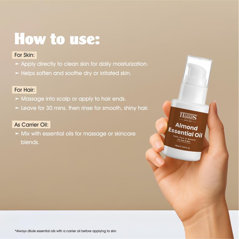 Image of Habibs Pure Sweet Almond Carrier Oil - 100% Natural, Cold-Pressed for Radiant Skin, Hair & Massage 30ML
