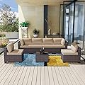Kullavik Patio Furniture 7 Pieces Outdoor Sectional PE Rattan Sofa Set Brown Manual Wicker Patio Conversation Set with 6 Sand Seat Cushions and 1 Tempered Glass Tea Table