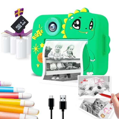 Image of Wembley DIY Instant Print Camera for Kids 3+| Includes Print Rolls, 4GB SD Card & Strap| Fun & Rechargeable Birthday Gift for Boys & Girls (Dino)