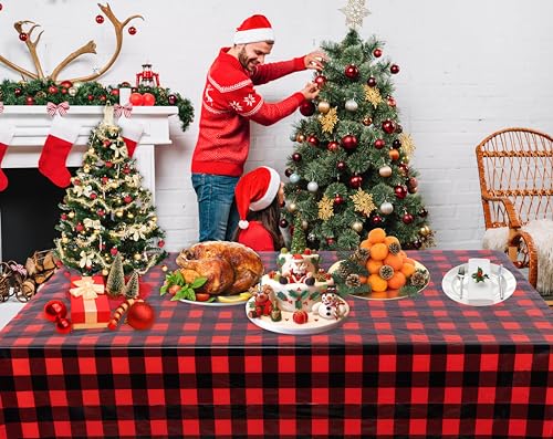 Image of Kesfey 3 Packs Buffalo Check Plaid Table Cloth 54 x 108 Inches Red and Black Gingham Christmas Party Tablecloth Winter Plastic Checkered Tablecover for Dinner Picnic