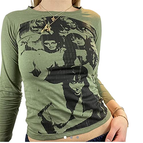 Women face portrait top y2k graphic long sleeves crop t…