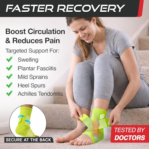 Image of Sleeve Stars Ankle Brace for Women & Men, Ankle Wrap for Sprained Ankle, Compression Sleeve for Plantar Fasciitis Relief, Easy Customizable Support: w / Removable Strap (Single /M:10 inch-12 inch /Neon Yellow Green)