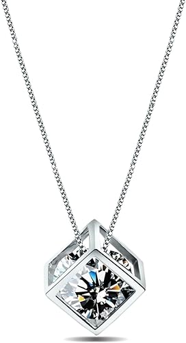 Colgante de plata de ley 925 con forma de cubo de diamantes de corte redondo para mujer, chapado en oro blanco de 18 quilates