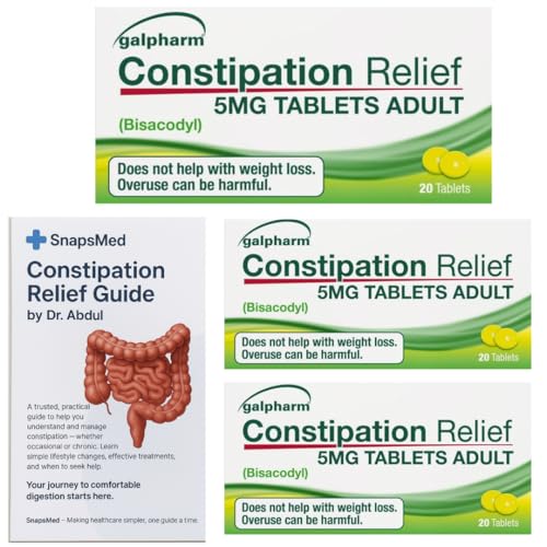 SnapsMed Constipation Relief 5mg Tablets for Adults | 3 Packs of 20 Tablets (Total 60) | Effective Overnight Bowel Relief | Includes Dr Abdul’s Constipation Relief Guide